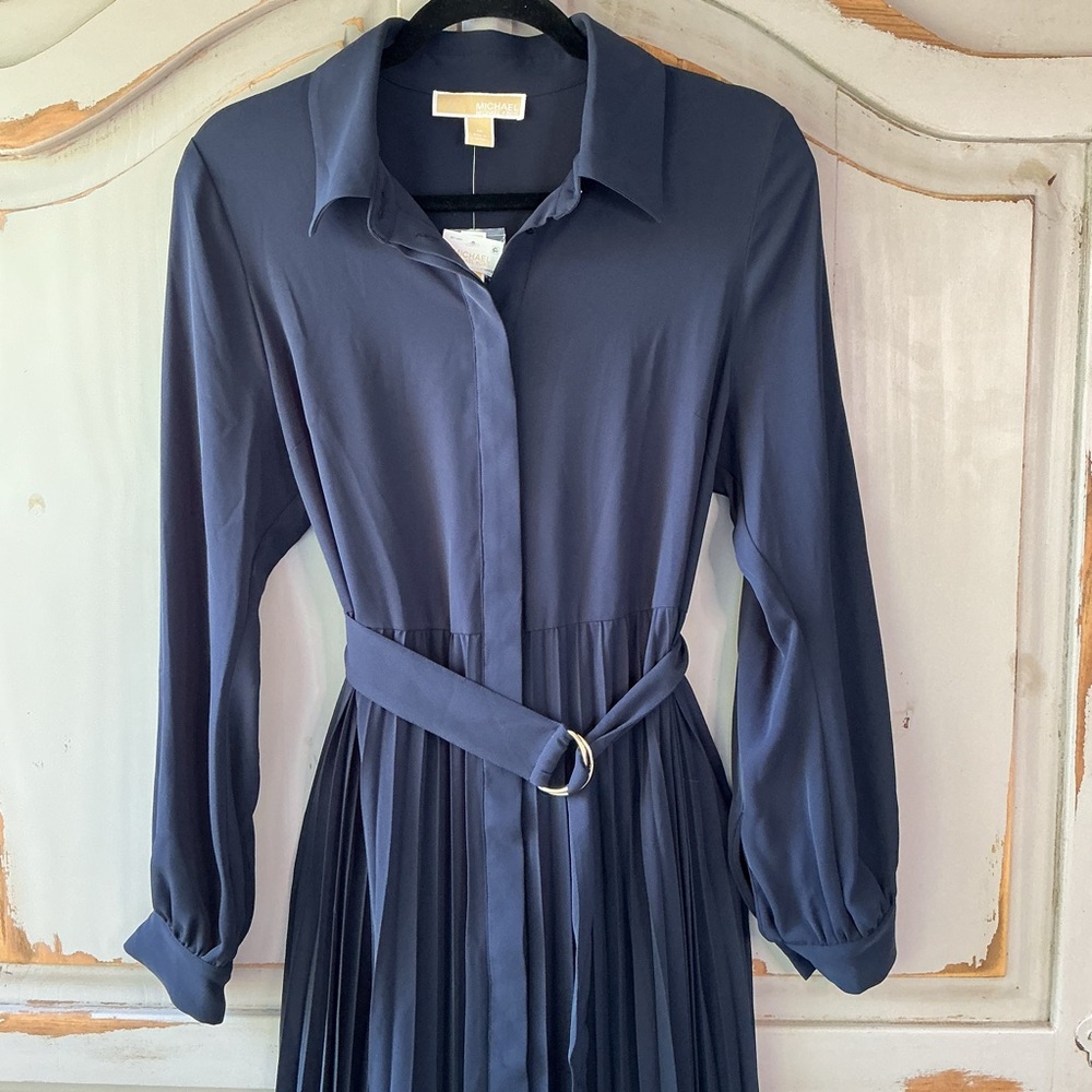 NWT Michael Kors | Navy Pleated Shirt Dress Belted Long Sleeve Capsule Wardrobe - Picture 4 of 10